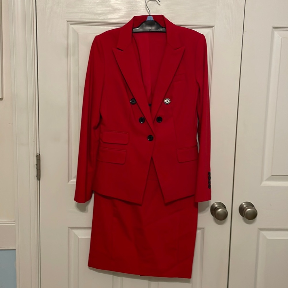 Express Red Double-Breasted Blazer and Skirt Suit